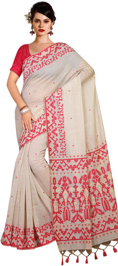 White and Off White color Saree in Linen fabric with Weaving work