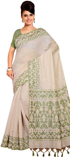 White and Off White color Saree in Linen fabric with Weaving work