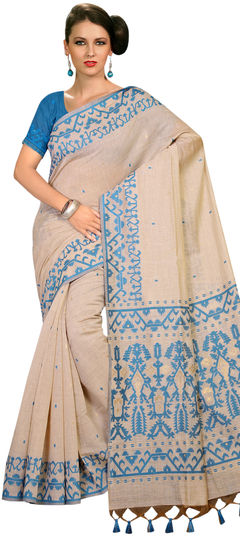 White and Off White color Saree in Linen fabric with Weaving work