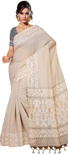 White and Off White color Saree in Linen fabric with Weaving work