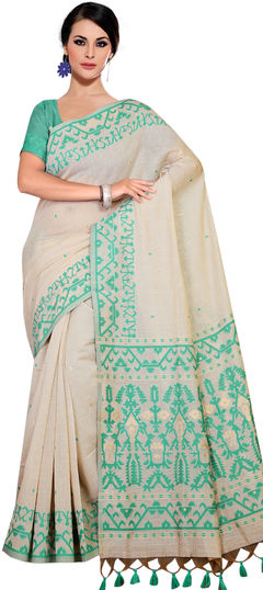 White and Off White color Saree in Linen fabric with Weaving work