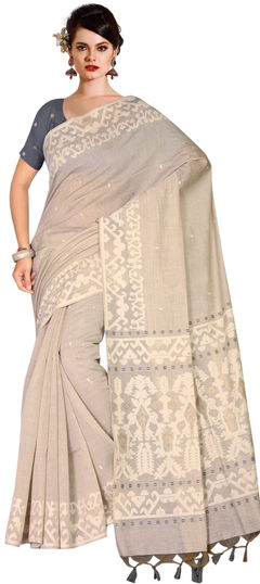 Beige and Brown color Saree in Linen fabric with Printed work