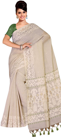 Beige and Brown color Saree in Linen fabric with Printed work
