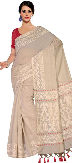 Beige and Brown color Saree in Linen fabric with Printed work