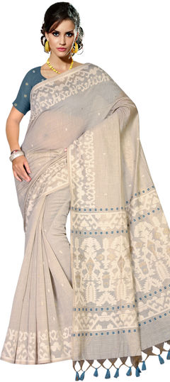 Beige and Brown color Saree in Linen fabric with Printed work