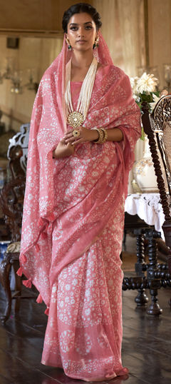 Pink and Majenta color Saree in Cotton fabric with Printed work