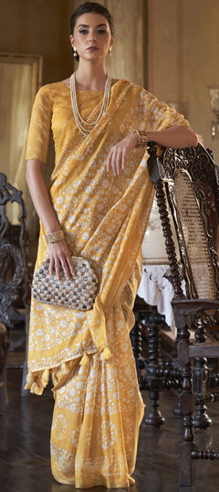 Yellow color Saree in Cotton fabric with Printed work