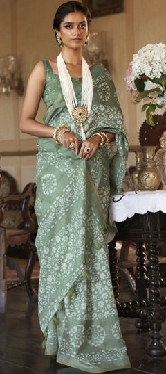 Green color Saree in Cotton fabric with Printed work