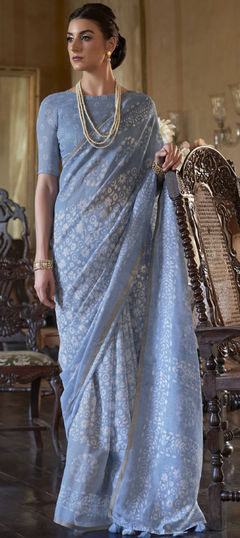 Blue color Saree in Cotton fabric with Printed work