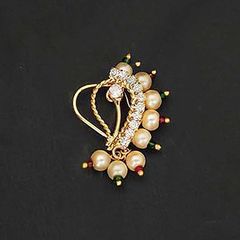 Gold Rodium Polish Beige and Brown color Nose Ring in Metal Alloy studded with CZ Diamond, Pearl