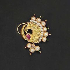 Gold Rodium Polish Beige and Brown color Nose Ring in Metal Alloy studded with CZ Diamond, Pearl