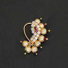 Gold Rodium Polish Beige and Brown color Nose Ring in Metal Alloy studded with CZ Diamond, Pearl