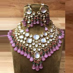Gold Rodium Polish Pink and Majenta color Necklace in Metal Alloy studded with Beads, Kundan
