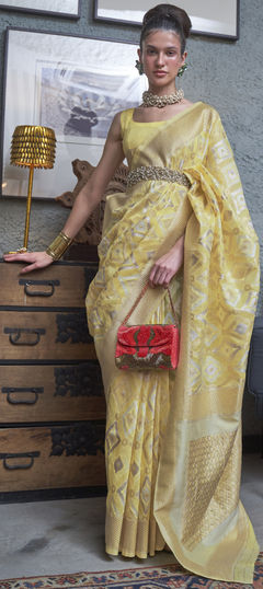 Yellow color Saree in Linen fabric with Weaving work