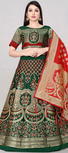 Green color Lehenga in Banarasi Silk fabric with Weaving work