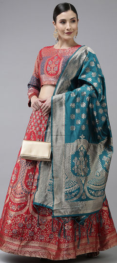 Red and Maroon color Lehenga in Banarasi Silk fabric with Weaving work