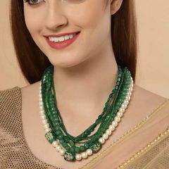 Gold Rodium Polish Green color Necklace in Metal Alloy studded with Beads, Kundan