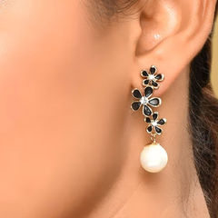 Gold Rodium Polish Black and Grey, White and Off White color Earrings in Brass studded with Austrian diamond