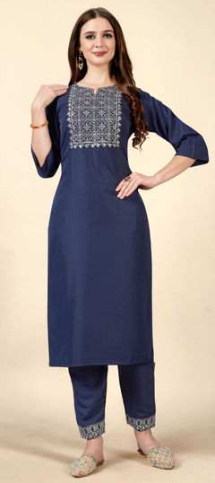 Blue color Salwar Kameez in Rayon fabric with Embroidered, Resham, Thread work