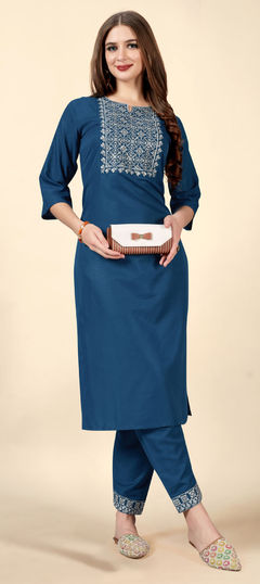 Blue color Salwar Kameez in Rayon fabric with Embroidered, Resham, Thread work