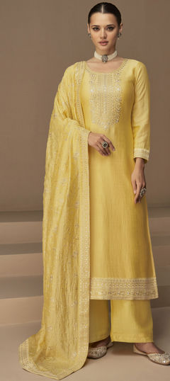 Yellow color Salwar Kameez in Art Silk fabric with Embroidered, Sequence, Thread, Zari work