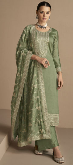 Green color Salwar Kameez in Art Silk fabric with Embroidered, Sequence, Thread, Zari work