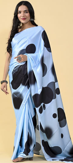 Blue color Saree in Satin Silk, Silk fabric with Floral, Printed work