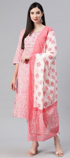 Festive, Party Wear, Summer Pink and Majenta color Salwar Kameez in Cotton fabric with Straight Embroidered, Printed, Resham, Sequence, Thread work : 1867324