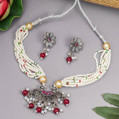 Silver Rodium Polish Red and Maroon color Necklace in Metal Alloy studded with CZ Diamond, Pearl