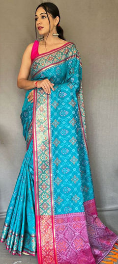 Traditional Blue color Saree in Patola Silk, Silk fabric with South Weaving work : 1867504