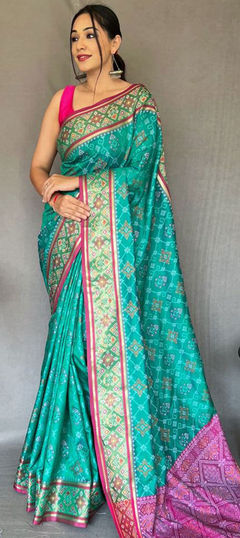 Traditional Blue color Saree in Patola Silk, Silk fabric with South Weaving work : 1867508