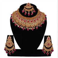 Gold Rodium Polish Pink and Majenta color Necklace in Metal Alloy studded with Austrian diamond, Kundan