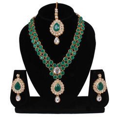 Gold Rodium Polish Green color Necklace in Metal Alloy studded with Austrian diamond, Kundan