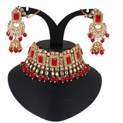 Gold Rodium Polish Red and Maroon color Necklace in Metal Alloy studded with Austrian diamond, Kundan