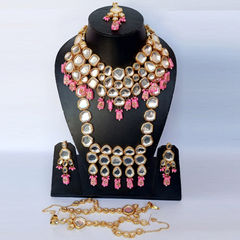 Gold Rodium Polish Pink and Majenta, White and Off White color Necklace in Metal Alloy studded with Kundan