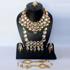 Gold Rodium Polish Green, White and Off White color Necklace in Metal Alloy studded with Kundan