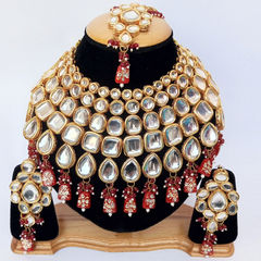 Gold Rodium Polish Red and Maroon color Necklace in Metal Alloy studded with Kundan