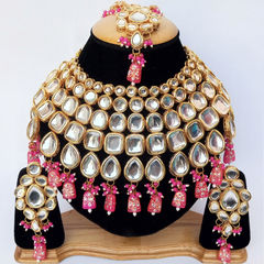 Gold Rodium Polish Pink and Majenta color Necklace in Metal Alloy studded with Kundan