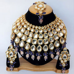 Gold Rodium Polish Blue color Necklace in Metal Alloy studded with Kundan