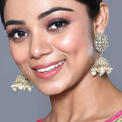 Gold Rodium Polish White and Off White color Earrings in Metal Alloy studded with Kundan, Pearl