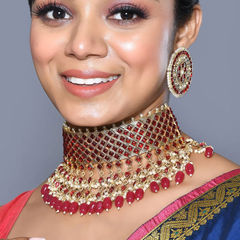 Gold Rodium Polish Red and Maroon color Necklace in Metal Alloy studded with CZ Diamond, Kundan, Pearl