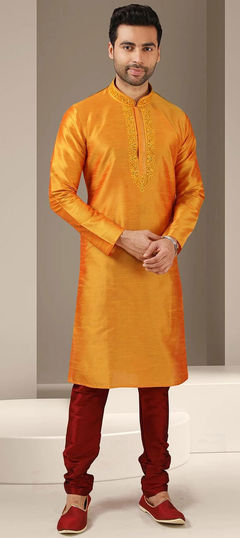 Orange color Kurta Pyjamas in Dupion Silk fabric with Embroidered, Thread work