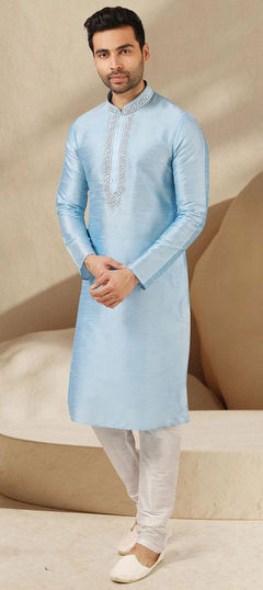 Blue color Kurta Pyjamas in Dupion Silk fabric with Embroidered, Thread work