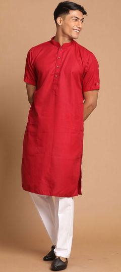 Red and Maroon color Kurta Pyjamas in Blended Cotton fabric with Thread work