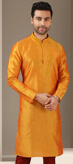 Party Wear Orange color Kurta in Dupion Silk fabric with Embroidered, Thread work : 1868015