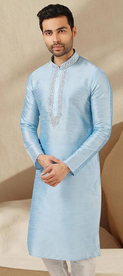 Party Wear Blue color Kurta in Dupion Silk fabric with Embroidered, Thread work : 1868018