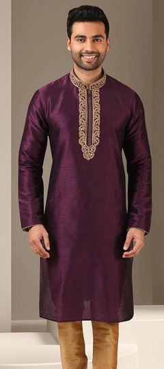 Party Wear Purple and Violet color Kurta in Dupion Silk fabric with Embroidered, Thread work : 1868021