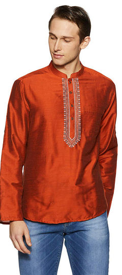 Orange color Kurta in Blended Cotton fabric with Embroidered, Thread work