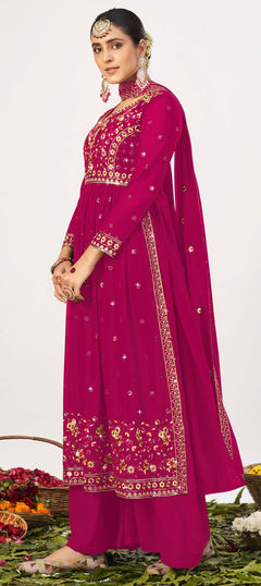 Pink and Majenta color Salwar Kameez in Georgette fabric with Embroidered, Stone, Thread, Zari work