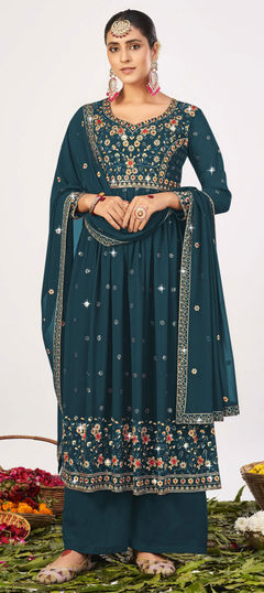 Blue color Salwar Kameez in Georgette fabric with Embroidered, Stone, Thread, Zari work